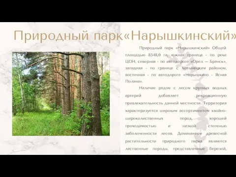 Природный парк «Нарышкинский» Общей площадью 8548,0 га, южная граница - по реке