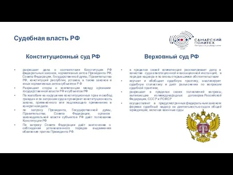 Судебная власть РФ Конституционный суд РФ разрешает дела о соответствии Конституции РФ