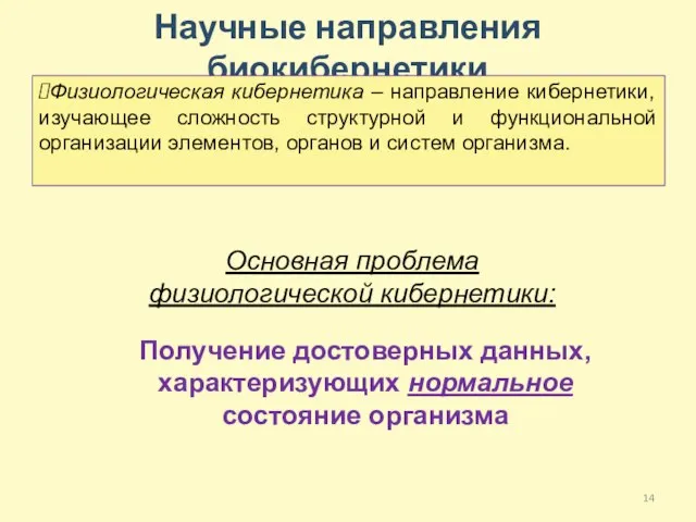 Научные направления биокибернетики Физиологическая кибернетика – направление кибернетики, изучающее сложность структурной и