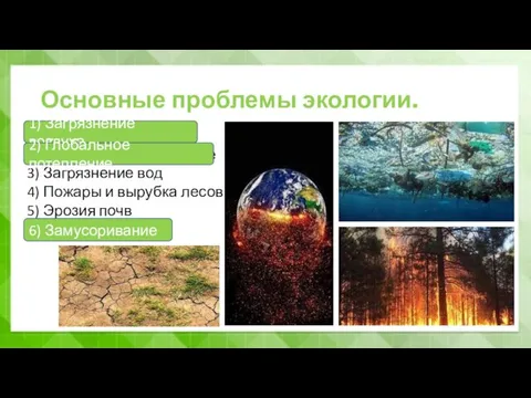 Основные проблемы экологии. 1) Загрязение воздуха 2) Глобальное потепление 3) Загрязнение вод