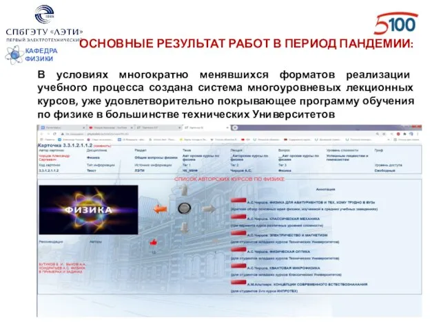 КАФЕДРА ФИЗИКИ ОСНОВНЫЕ РЕЗУЛЬТАТ РАБОТ В ПЕРИОД ПАНДЕМИИ: В условиях многократно менявшихся