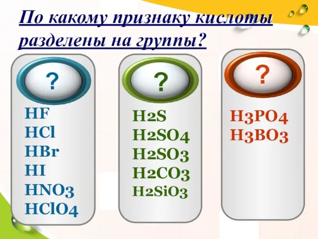 По какому признаку кислоты разделены на группы? HF HCl HBr HI HNO3