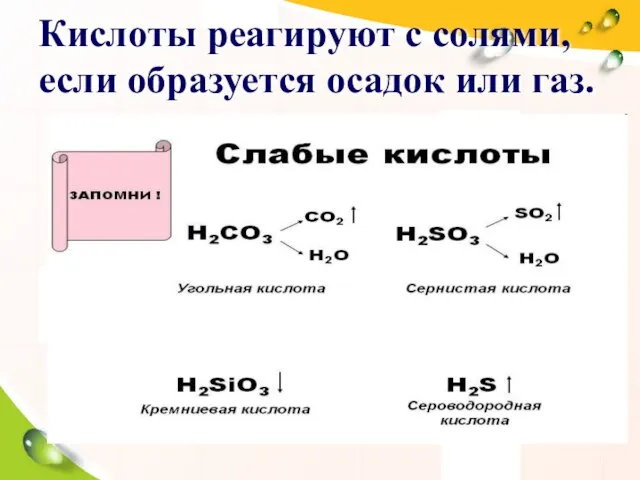 Кислоты реагируют с солями, если образуется осадок или газ.