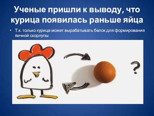 Ученые пришли к выводу, что курица появилась раньше яйца Т.к. только курица