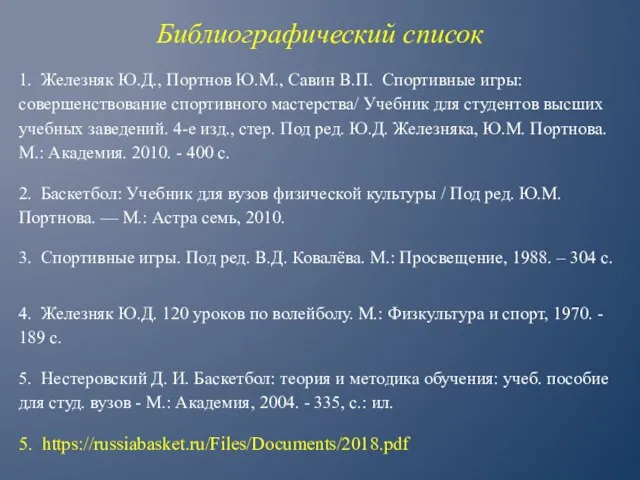 Библиографический список 1. Железняк Ю.Д., Портнов Ю.М., Савин В.П. Спортивные игры: совершенствование