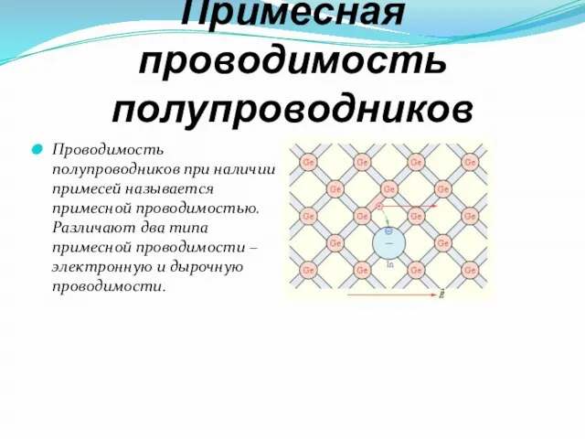 Примесная проводимость полупроводников Проводимость полупроводников при наличии примесей называется примесной проводимостью. Различают