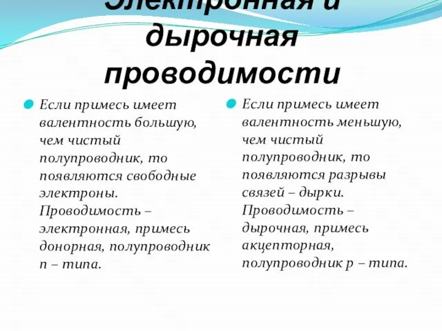 Электронная и дырочная проводимости Если примесь имеет валентность большую, чем чистый полупроводник,