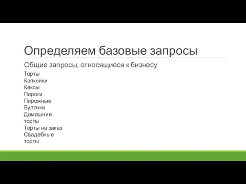 Определяем базовые запросы Общие запросы, относящиеся к бизнесу Торты Капкейки Кексы Пироги