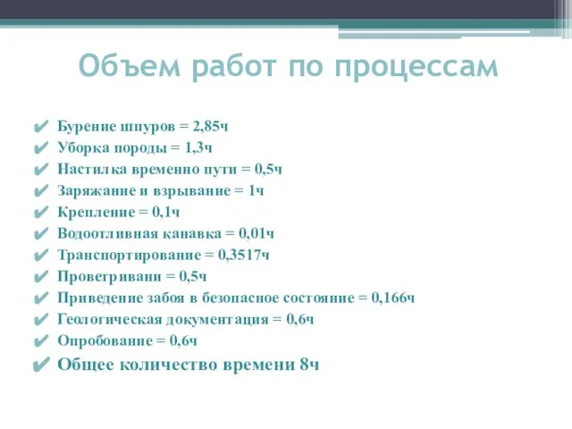 Объем работ по процессам Бурение шпуров = 2,85ч Уборка породы = 1,3ч