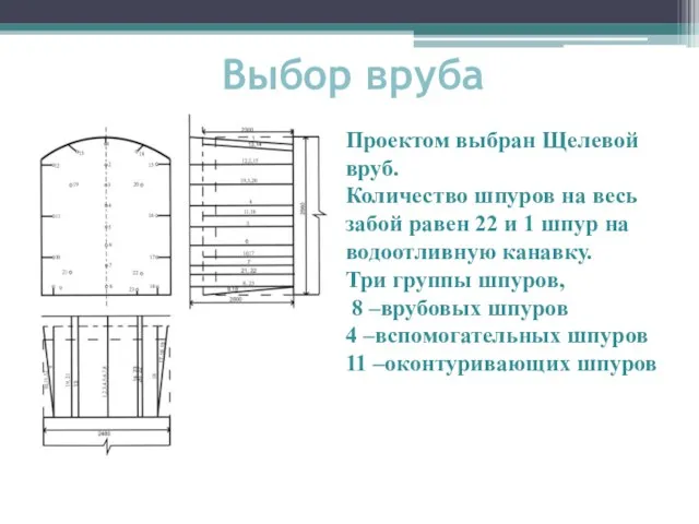 Выбор вруба Проектом выбран Щелевой вруб. Количество шпуров на весь забой равен