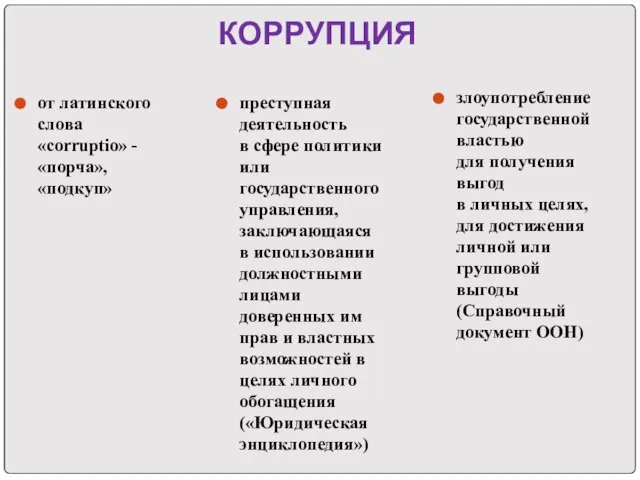 КОРРУПЦИЯ от латинского слова «corruptio» - «порча», «подкуп» злоупотребление государственной властью для