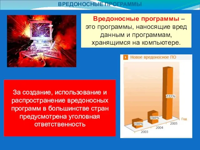 ВРЕДОНОСНЫЕ ПРОГРАММЫ Вредоносные программы – это программы, наносящие вред данным и программам,