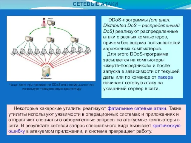 СЕТЕВЫЕ АТАКИ DDoS-программы (от англ. Distributed DoS – распределенный DoS) реализуют распределенные