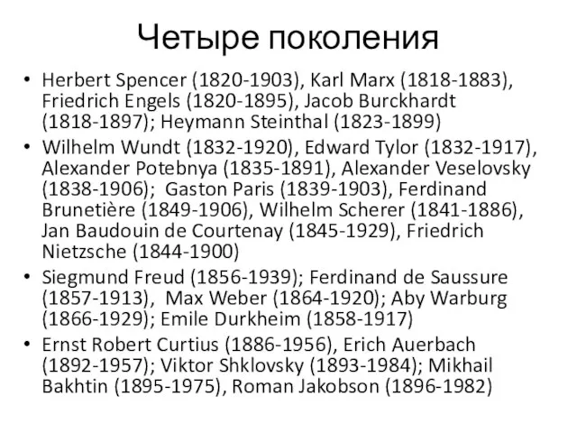 Четыре поколения Herbert Spencer (1820-1903), Karl Marx (1818-1883), Friedrich Engels (1820-1895), Jacob