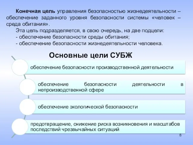 Конечная цель управления безопасностью жизнедеятельности – обеспечение заданного уровня безопасности системы «человек