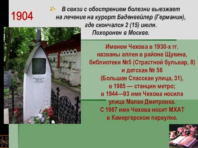 1904 В связи с обострением болезни выезжает на лечение на курорт Баденвейлер