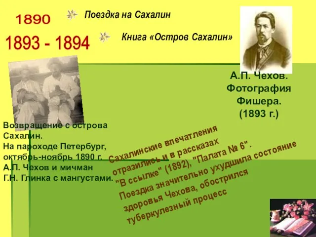 1890 Поездка на Сахалин Книга «Остров Сахалин» 1893 - 1894 А.П. Чехов.