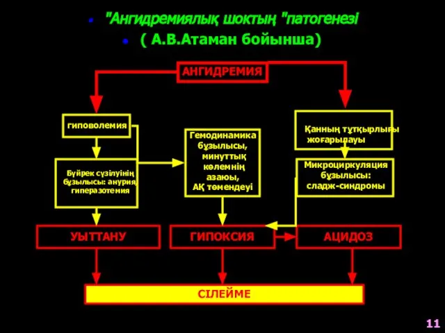 УЫТТАНУ СІЛЕЙМЕ "Ангидремиялық шоктың "патогенезі ( А.В.Атаман бойынша) АНГИДРЕМИЯ гиповолемия Бүйрек сүзілуінің