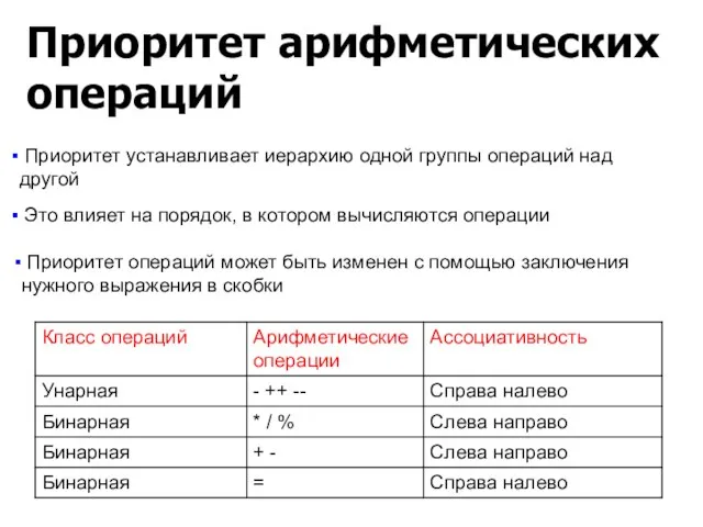 Приоритет устанавливает иерархию одной группы операций над другой Это влияет на порядок,