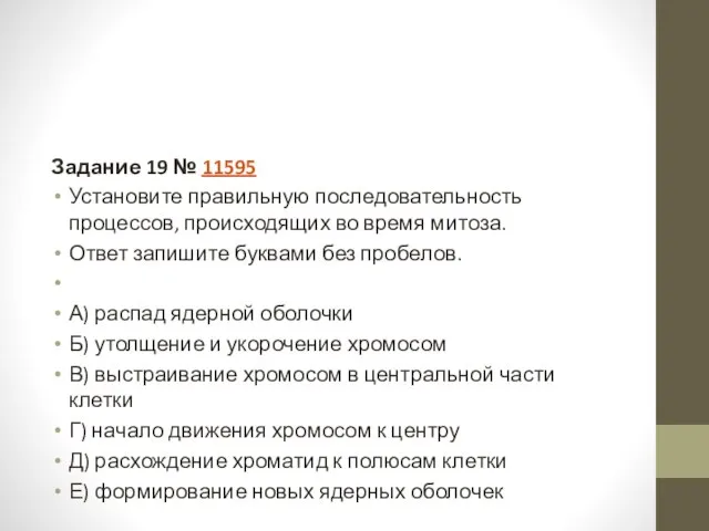 Задание 19 № 11595 Установите правильную последовательность процессов, происходящих во время митоза.