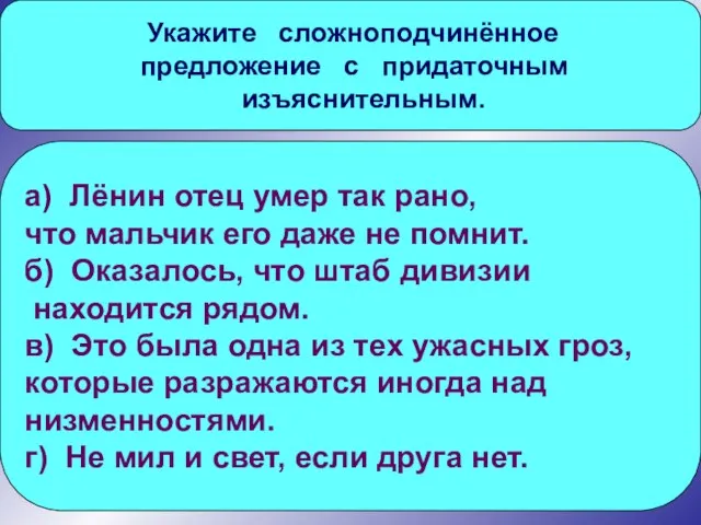 Укажите сложноподчинённое предложение с придаточным изъяснительным. а) Лёнин отец умер так рано,