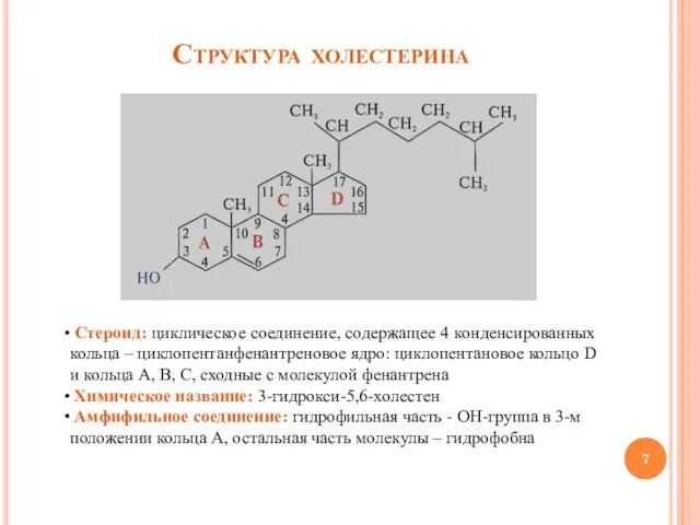 Структура холестерина Стероид: циклическое соединение, содержащее 4 конденсированных кольца – циклопентанфенантреновое ядро: