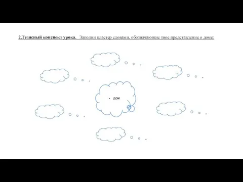 2.Тезисный конспект урока. Заполни кластер словами, обозначающие твое представление о доме: ДОМ