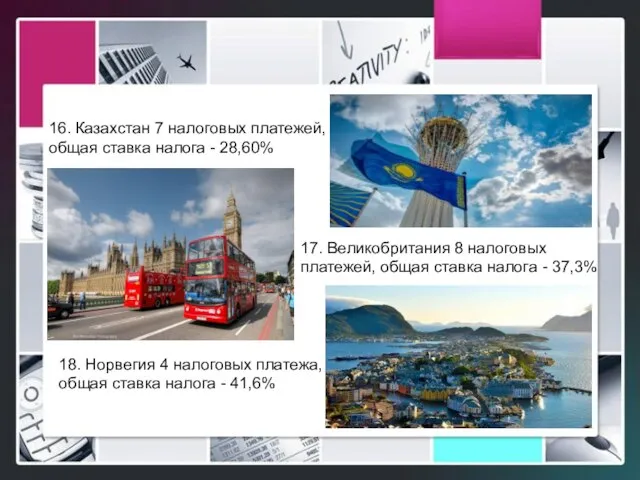 16. Казахстан 7 налоговых платежей, общая ставка налога - 28,60% 17. Великобритания