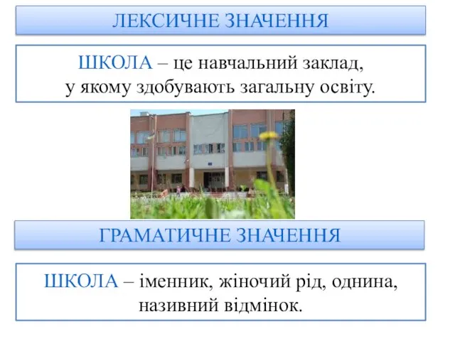 ШКОЛА – іменник, жіночий рід, однина, називний відмінок. ШКОЛА – це навчальний