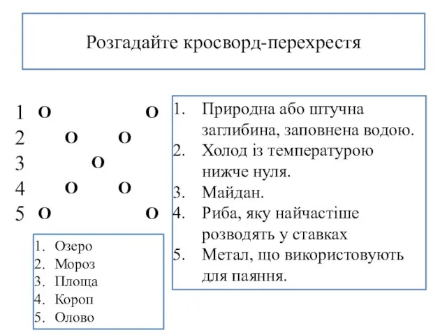 Розгадайте кросворд-перехрестя Природна або штучна заглибина, заповнена водою. Холод із температурою нижче