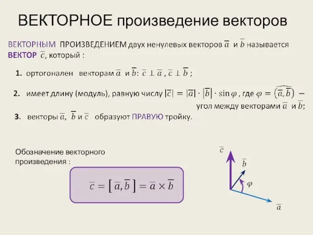 ВЕКТОРНОЕ произведение векторов Обозначение векторного произведения :