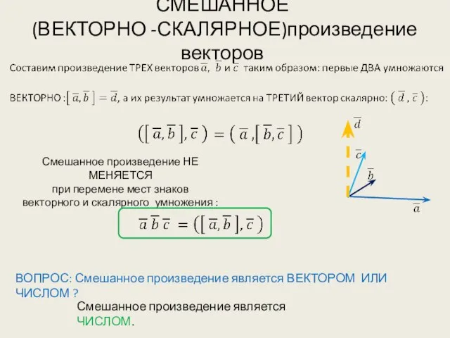 СМЕШАННОЕ (ВЕКТОРНО -СКАЛЯРНОЕ)произведение векторов Смешанное произведение НЕ МЕНЯЕТСЯ при перемене мест знаков