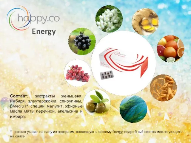 Energy Состав*: экстракты женьшеня, имбиря, элеутерококка, спирулины, βMeditril®, специи, мальтит, эфирные масла