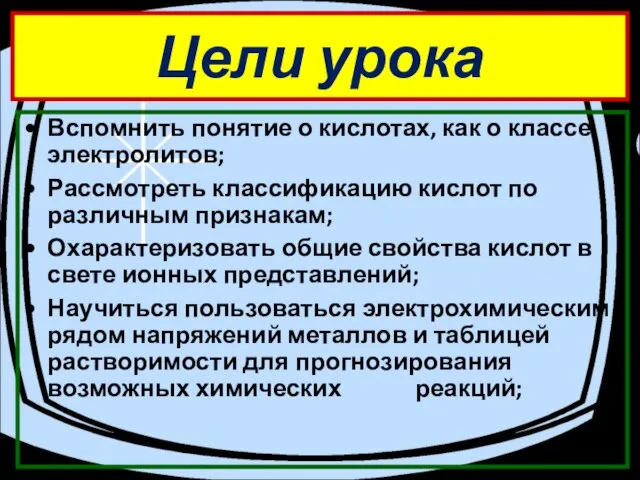 Цели урока Вспомнить понятие о кислотах, как о классе электролитов; Рассмотреть классификацию