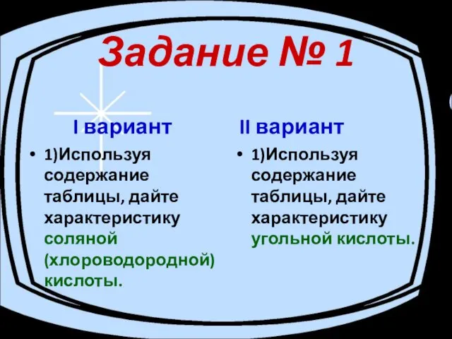 Задание № 1 I вариант 1)Используя содержание таблицы, дайте характеристику соляной (хлороводородной)