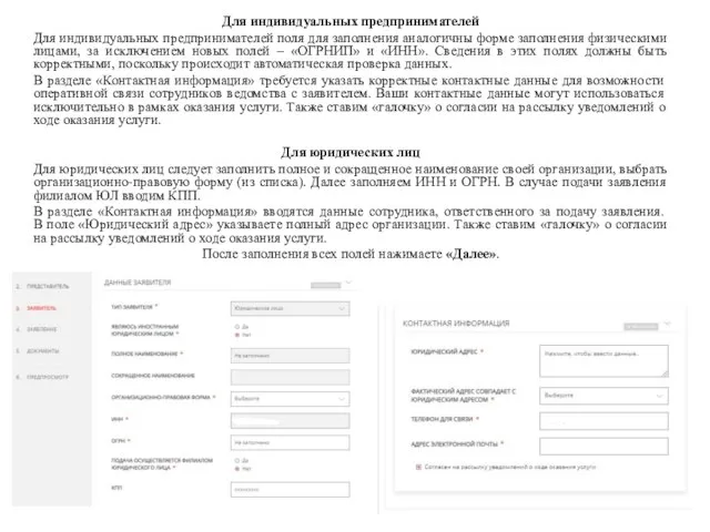 Для индивидуальных предпринимателей Для индивидуальных предпринимателей поля для заполнения аналогичны форме заполнения