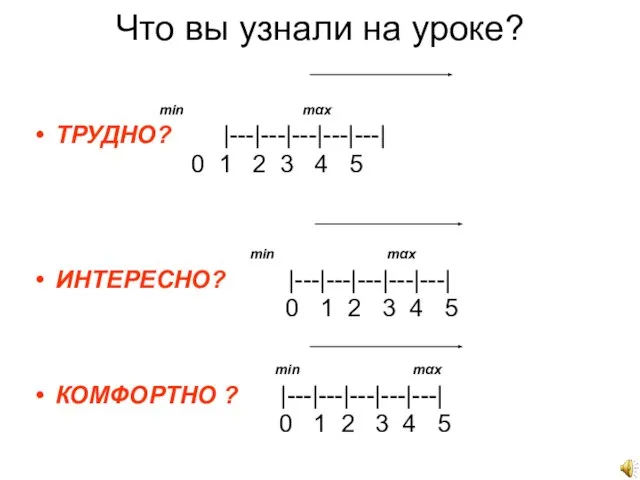 Что вы узнали на уроке? min mαx ТРУДНО? |---|---|---|---|---| 0 1 2