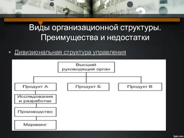 Виды организационной структуры. Преимущества и недостатки Дивизиональная структура управления