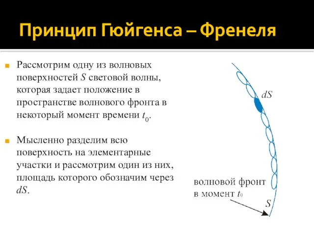 Принцип Гюйгенса – Френеля Рассмотрим одну из волновых поверхностей S световой волны,