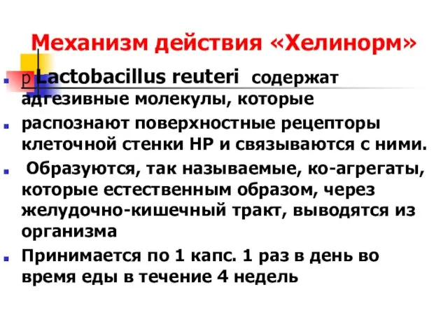 Механизм действия «Хелинорм» р Lactobacillus reuteri содержат адгезивные молекулы, которые распознают поверхностные