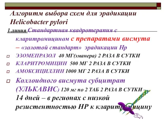 Алгоритм выбора схем для эрадикации Helicobacter pylori 1 линия Стандартная квадротерапия с