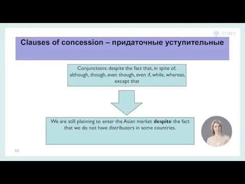 Clauses of concession – придаточные уступительные Conjunctions: despite the fact that, in