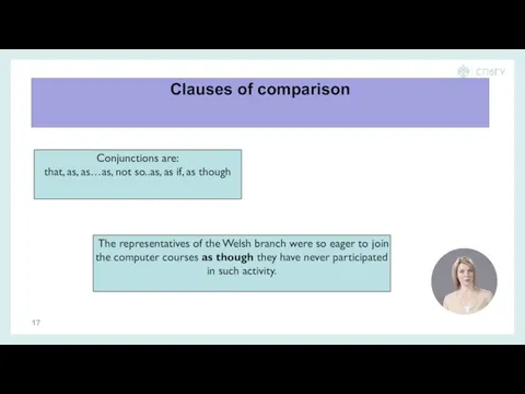 Clauses of comparison Conjunctions are: that, as, as…as, not so..as, as if,