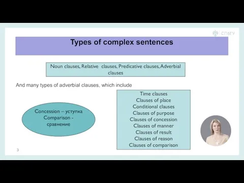 Types of complex sentences And many types of adverbial clauses, which include