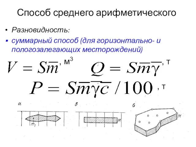 Способ среднего арифметического Разновидность: суммарный способ (для горизонтально- и пологозалегающих месторождений) ;