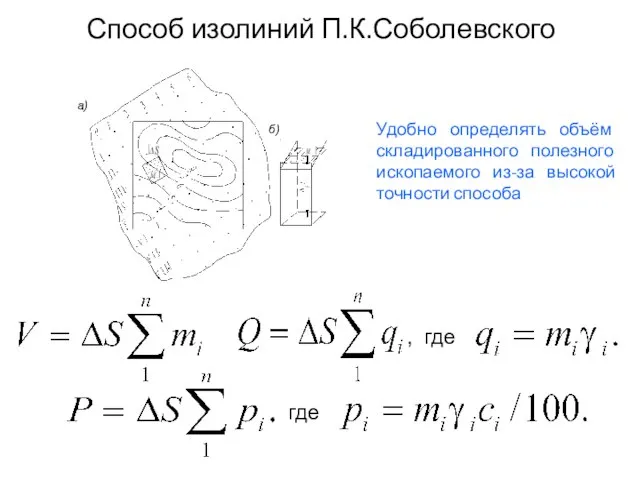 Способ изолиний П.К.Соболевского , где , где Удобно определять объём складированного полезного