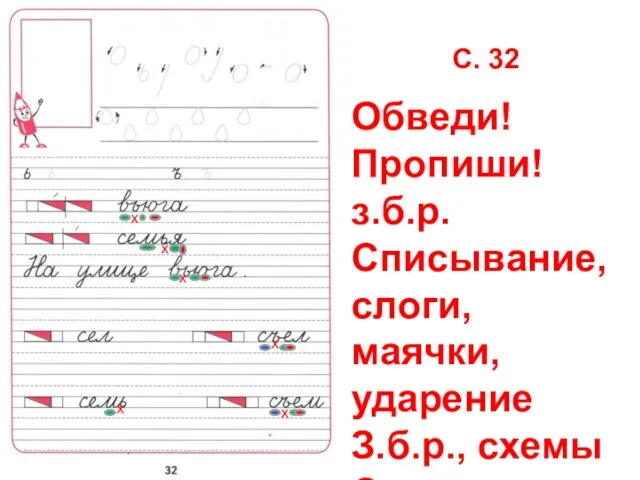 С. 32 Обведи! Пропиши! з.б.р. Списывание, слоги, маячки, ударение З.б.р., схемы Смотри