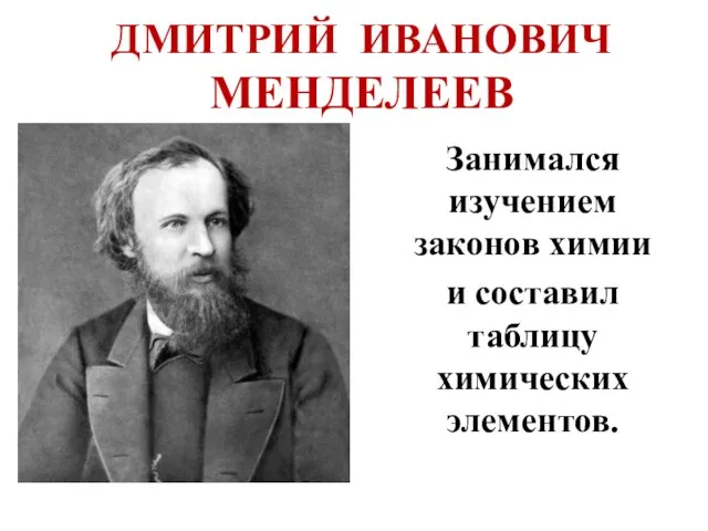 ДМИТРИЙ ИВАНОВИЧ МЕНДЕЛЕЕВ Занимался изучением законов химии и составил таблицу химических элементов.