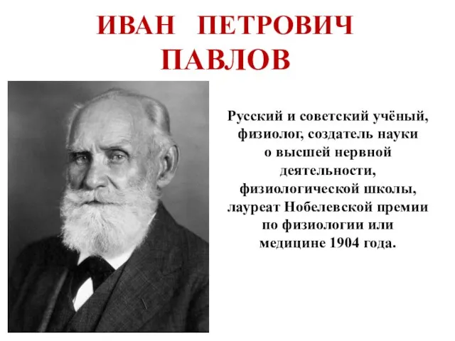 ИВАН ПЕТРОВИЧ ПАВЛОВ Русский и советский учёный, физиолог, создатель науки о высшей