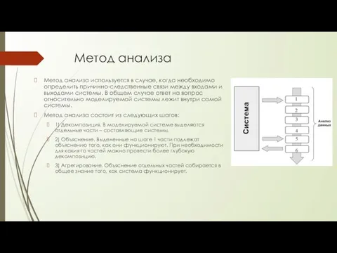 Метод анализа Метод анализа используется в случае, когда необходимо определить причинно-следственные связи